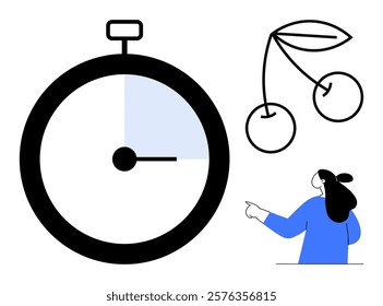 Black stopwatch with a blue segment a cherry with leaves and a person in blue pointing, to direction Ideal for time management health awareness direction guidance minimalistic activities and education