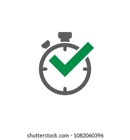 black stop-watch with green tick. Flat line icon isolated on white. Time pictogram. Done symbol. 