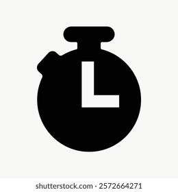 Black stopwatch icon with bold clock hands, isolated element. Stopwatch symbol, minimalist design. Iconic stopwatch, simple style. Simple icon vector element. UI element.