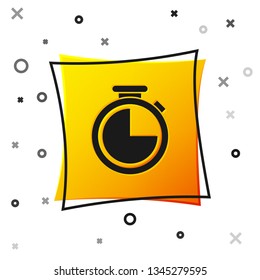 Black Stopwatch icon isolated on white background. Time timer sign. Yellow square button. Vector Illustration