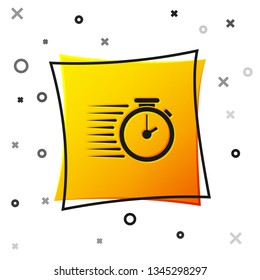 Black Stopwatch icon isolated on white background. Time timer sign. Yellow square button. Vector Illustration