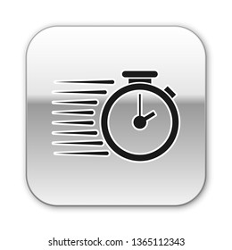 Black Stopwatch icon isolated on white background. Time timer sign. Silver square button. Vector Illustration