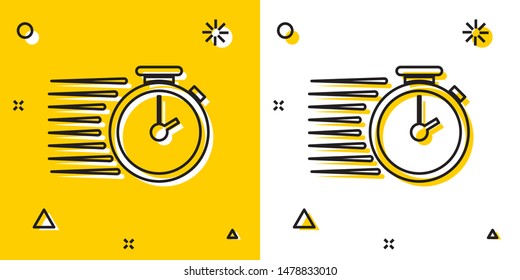 Black Stopwatch icon isolated on yellow and white background. Time timer sign. Random dynamic shapes. Vector Illustration