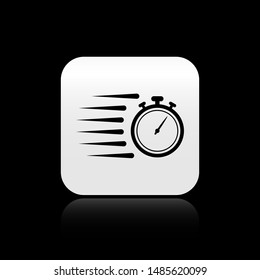 Black Stopwatch icon isolated on black background. Time timer sign. Chronometer sign. Silver square button. Vector Illustration