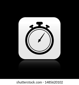 Black Stopwatch icon isolated on black background. Time timer sign. Chronometer sign. Silver square button. Vector Illustration