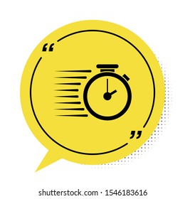 Black Stopwatch icon isolated on white background. Time timer sign. Yellow speech bubble symbol. Vector Illustration