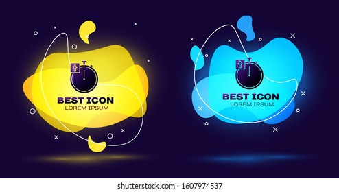Black Stopwatch icon isolated on blue background. Time timer sign. Chronometer sign. Set abstract banner with liquid shapes. Vector Illustration
