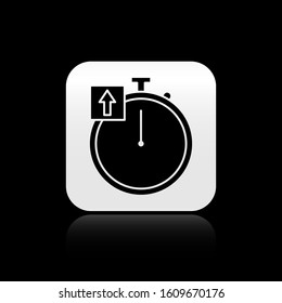 Black Stopwatch icon isolated on black background. Time timer sign. Chronometer sign. Silver square button. Vector Illustration