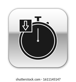 Black Stopwatch icon isolated on white background. Time timer sign. Chronometer. Silver square button. Vector Illustration