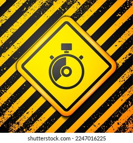 Icono de Black Stopwatch aislado en el fondo amarillo. Signo del temporizador de tiempo. Signo del cronómetro. Signo de advertencia. Ilustración vectorial