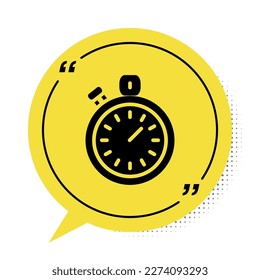 Black Stopwatch icon isolated on white background. Time timer sign. Chronometer sign. Yellow speech bubble symbol. Vector