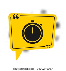 Black Stopwatch icon isolated on white background. Time timer sign. Chronometer sign. Yellow speech bubble symbol. Vector Illustration