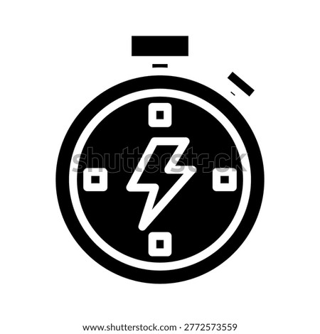 Black stopwatch icon with a lightning bolt and squares