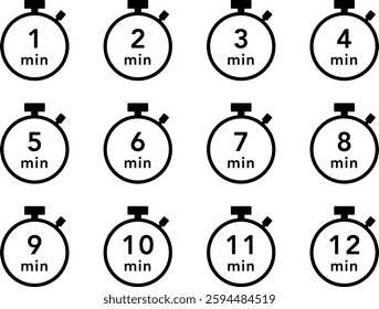 Black stopwatch icon set (1 minute - 12 minutes)