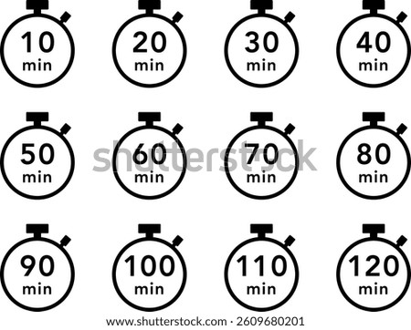 Black stopwatch icon set (10 minute interval)