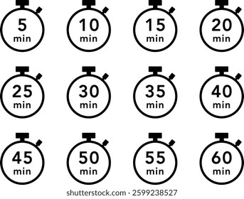 Black stopwatch icon set (5 minute interval)