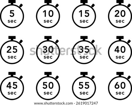 Black stopwatch icon set (5 seconds interval)