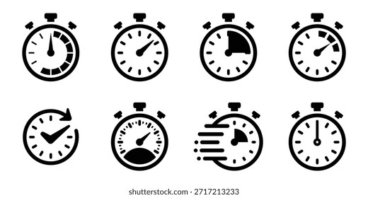 Conjunto de iconos de cronómetro negro Temporizador de colección Reloj de cuenta regresiva Diseño de símbolo de velocidad aislado sobre fondo blanco