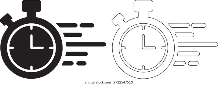 A black stopwatch with motion lines next to a white outlined stopwatch with motion lines, both in a dynamic composition with a pure white background