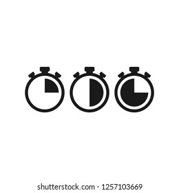 Black stopwatch set with 15, 30, 45 minutes. flat icon isolated on white. Fast time stop watch, limited offer, deadline symbol. Vector illustration. Clock pictogram.