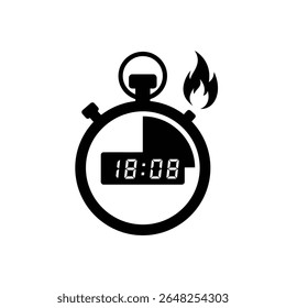 Black stopwatch silhouette with a flame next to it displays 1808 on a white background The style is simple and bold