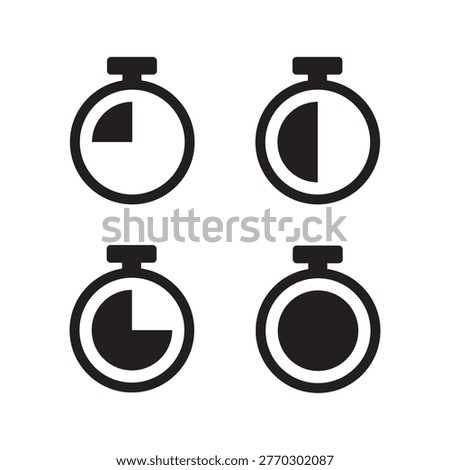 Black stopwatch silhouette icon vector illustration symbol. Time counter with button. Countdown timer at different intervals. Deadline measurement for sport or cooking time label, sticker. EPS 10.

