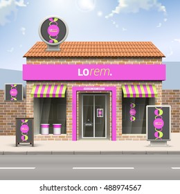 Black store design with purple and green wavy elements. Elements of outdoor advertising. Corporate identity