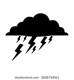 Black storm cloud with multiple lightning bolts striking downward, symbolizing a thunderstorm or severe weather conditions.