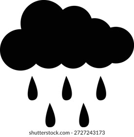 Schwarze Sturmwolke mit sechs Regentropfen Silhouette Vektorgrafik. Minimalistisches Wettersymbol mit einer gewagten, flachen Ästhetik, einzeln auf weißem Hintergrund. Professionelle Grafik für meteorologische Ausbildung, Planner-Aufkleber und Vinylschneiden.