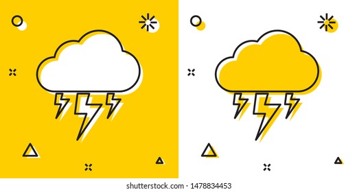 Black Storm icon isolated on yellow and white background. Cloud and lightning sign. Weather icon of storm. Random dynamic shapes. Vector Illustration