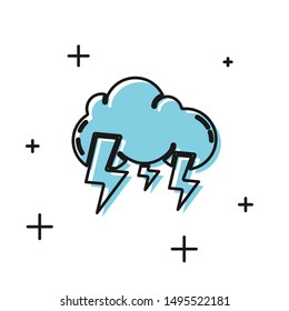 Black Storm icon isolated on white background. Cloud and lightning sign. Weather icon of storm.  Vector Illustration