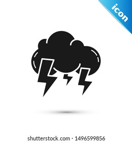 Black Storm icon isolated on white background. Cloud and lightning sign. Weather icon of storm.  Vector Illustration