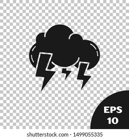 Black Storm icon isolated on transparent background. Cloud and lightning sign. Weather icon of storm.  Vector Illustration