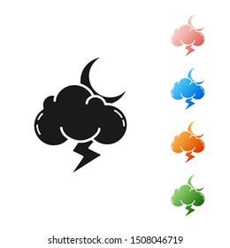 Black Storm icon isolated on white background. Cloud with lightning and moon sign. Weather icon of storm. Set icons colorful. Vector Illustration