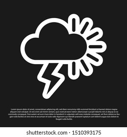Black Storm icon isolated on black background. Cloudy with lightning and sun sign. Weather icon of storm.  Vector Illustration