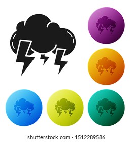Black Storm icon isolated on white background. Cloud and lightning sign. Weather icon of storm. Set icons colorful circle buttons. Vector Illustration