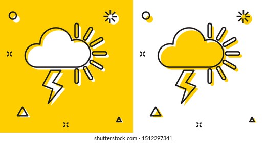 Black Storm icon isolated on yellow and white background. Cloudy with lightning and sun sign. Weather icon of storm. Random dynamic shapes. Vector Illustration