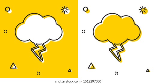 Black Storm icon isolated on yellow and white background. Cloud and lightning sign. Weather icon of storm. Random dynamic shapes. Vector Illustration