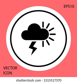 Black Storm icon isolated on red background. Cloudy with lightning and sun sign. Weather icon of storm. White circle button. Vector Illustration