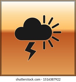 Black Storm icon isolated on gold background. Cloudy with lightning and sun sign. Weather icon of storm.  Vector Illustration