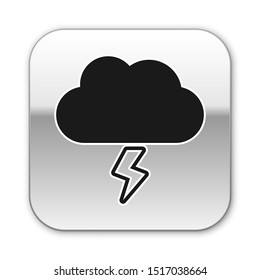 Black Storm icon isolated on white background. Cloud and lightning sign. Weather icon of storm. Silver square button. Vector Illustration