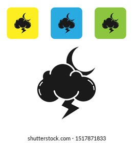 Black Storm icon isolated on white background. Cloud with lightning and moon sign. Weather icon of storm. Set icons colorful square buttons. Vector Illustration
