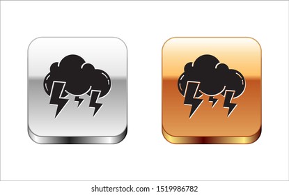Black Storm icon isolated on white background. Cloud and lightning sign. Weather icon of storm. Silver-gold square button. Vector Illustration