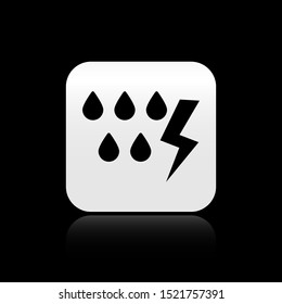 Black Storm icon isolated on black background. Drop and lightning sign. Weather icon of storm. Silver square button. Vector Illustration