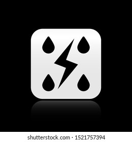 Black Storm icon isolated on black background. Drop and lightning sign. Weather icon of storm. Silver square button. Vector Illustration