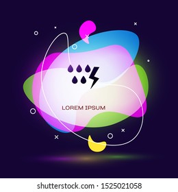 Black Storm icon isolated on dark blue background. Drop and lightning sign. Weather icon of storm. Abstract banner with liquid shapes. Vector Illustration