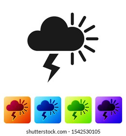 Black Storm icon isolated on white background. Cloudy with lightning and sun sign. Weather icon of storm. Set icons in color square buttons. Vector Illustration