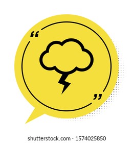 Black Storm icon isolated on white background. Cloud and lightning sign. Weather icon of storm. Yellow speech bubble symbol. Vector Illustration
