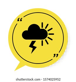 Black Storm icon isolated on white background. Cloudy with lightning and sun sign. Weather icon of storm. Yellow speech bubble symbol. Vector Illustration