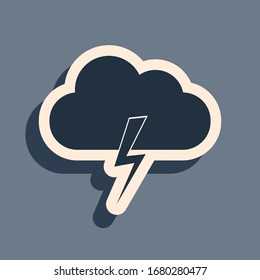 Black Storm icon isolated on grey background. Cloud and lightning sign. Weather icon of storm. Long shadow style. Vector Illustration